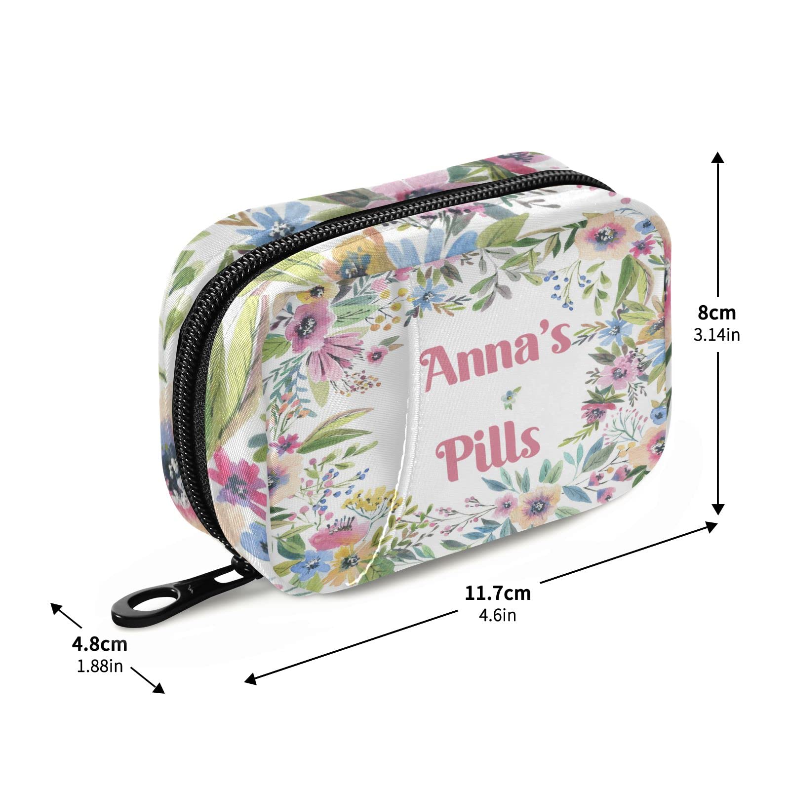 Custom Pill Box 7 Day Pill Case Bag Watercolor Flower Personalized Name Travel Pill Organizer Bag with Zipper Portable Weekly Ca