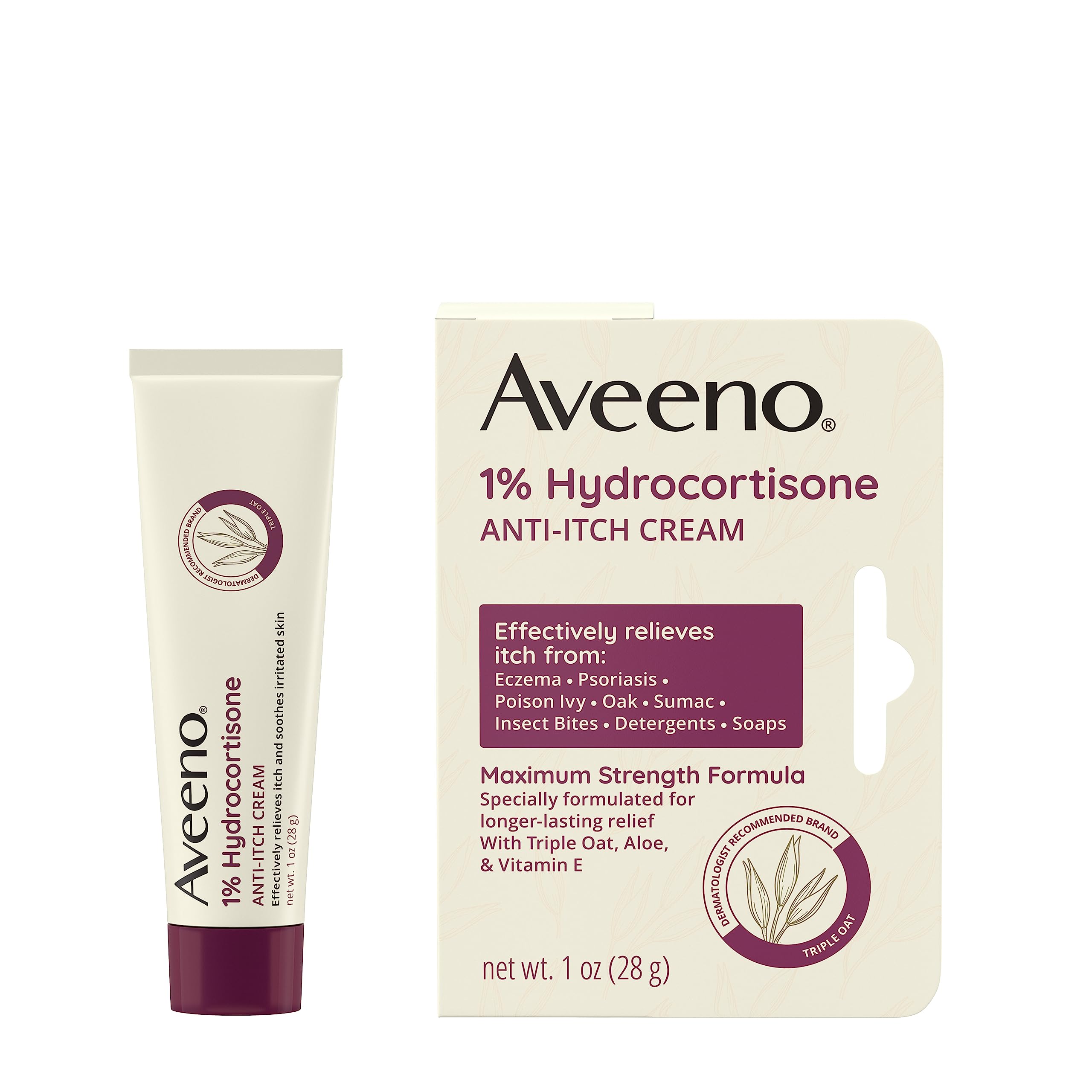 Aveeno Maximum Strength 1% Hydrocortisone Anti-Itch Cream with Pure Oat Essence, Triple Oat Complex, Aloe & Vitamin E, for Itch,