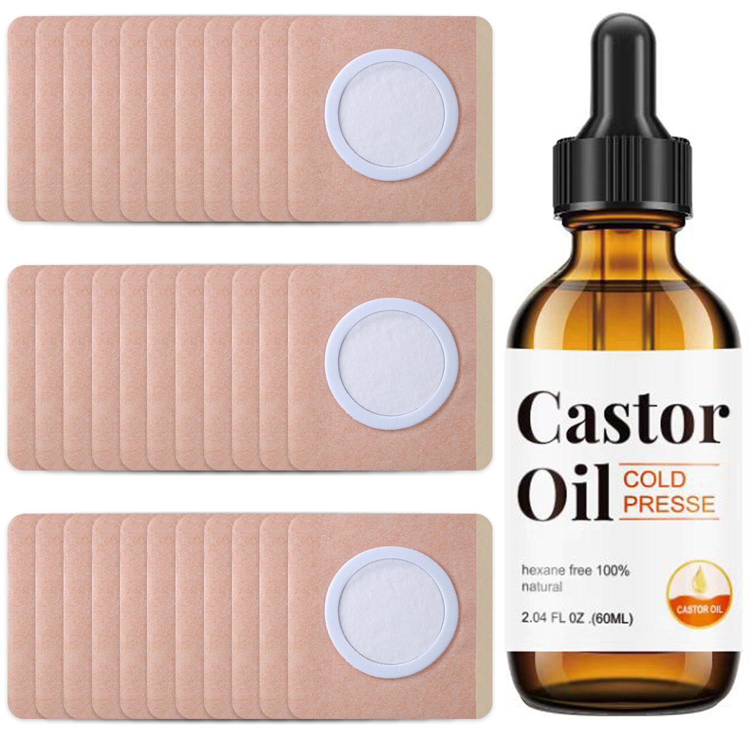 30Pcs Disposable Castor Oil Belly Button Patch with Organic Cold Pressed Glass Bottle 2.04oz | Self-Adhesive Castor Oil Patches 