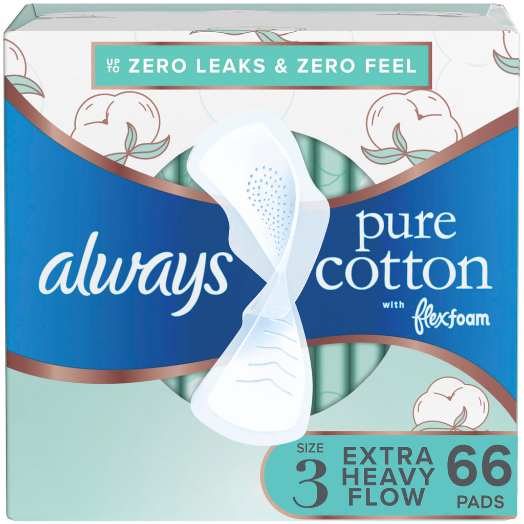Always Pure Cotton Feminine Pads for Women, FlexFoam Pads with Wings, Size 3, Extra Heavy Flow Absorbency, Made with a Premium C