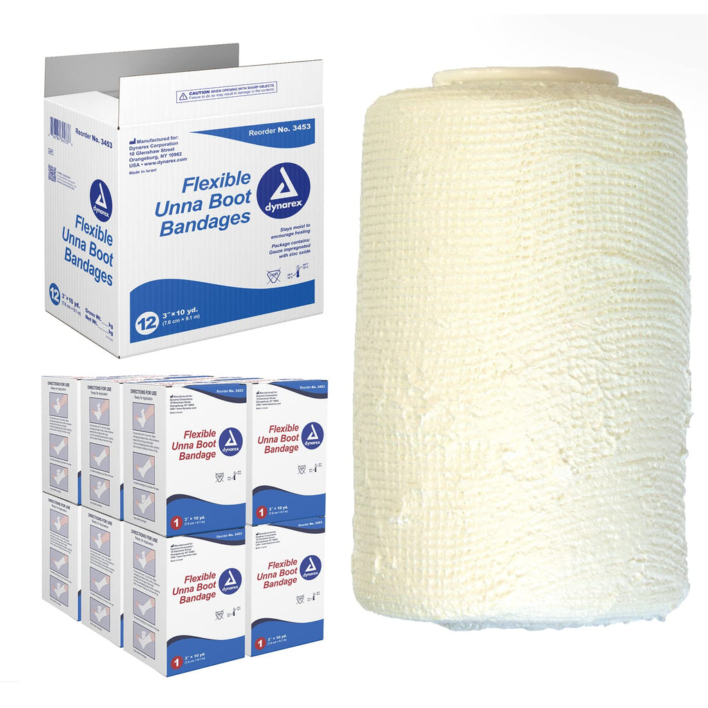 Dynarex 3453 Unna Boot Bandage, Individually Packaged, Provides Customized Compression, With Zinc Oxide, Soft Cast, 3 x 10 Yard,