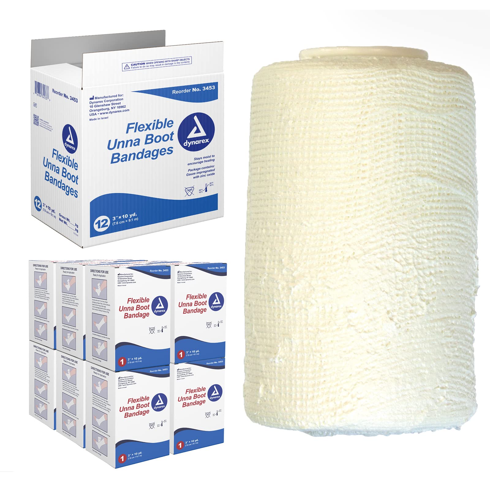Dynarex 3453 Unna Boot Bandage, Individually Packaged, Provides Customized Compression, With Zinc Oxide, Soft Cast, 3 x 10 Yard,