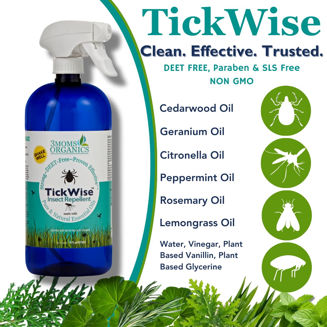 3 Moms Organics TickWise Insect Repellent, 32oz Extra Strength - DEET- Free, Tick and Insect Repellent, Plant Based Essential Oi