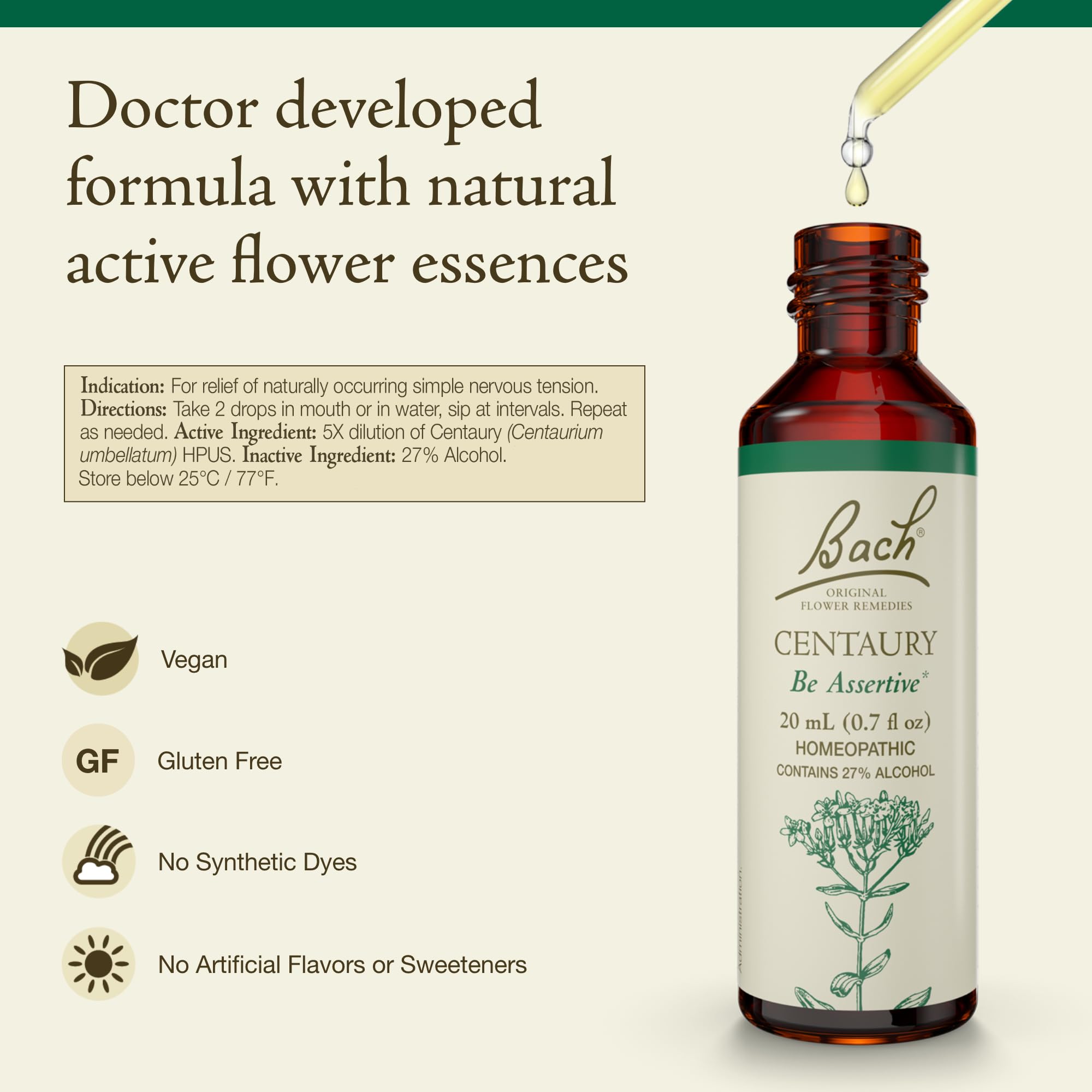 Bach Original Flower Remedies, Centaury - Be Assertive - Natural Homeopathic Flower Essence for Emotional Balance - Vegan, Glute