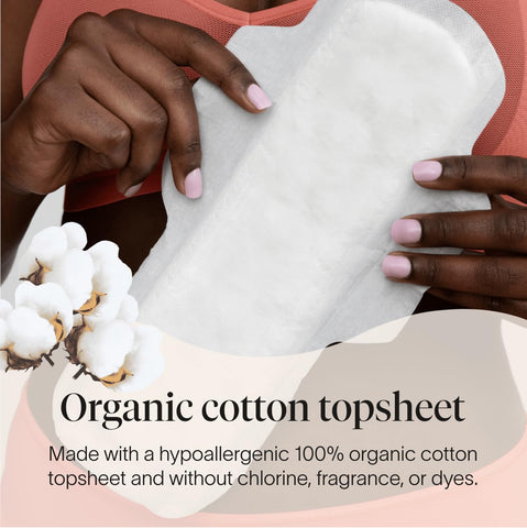 Cora 100% Organic Cotton Topsheet Maxi Pads | Ultra Thin Period Pads with Wings | Maxi Overnight Absorbency | Unscented, Comfort