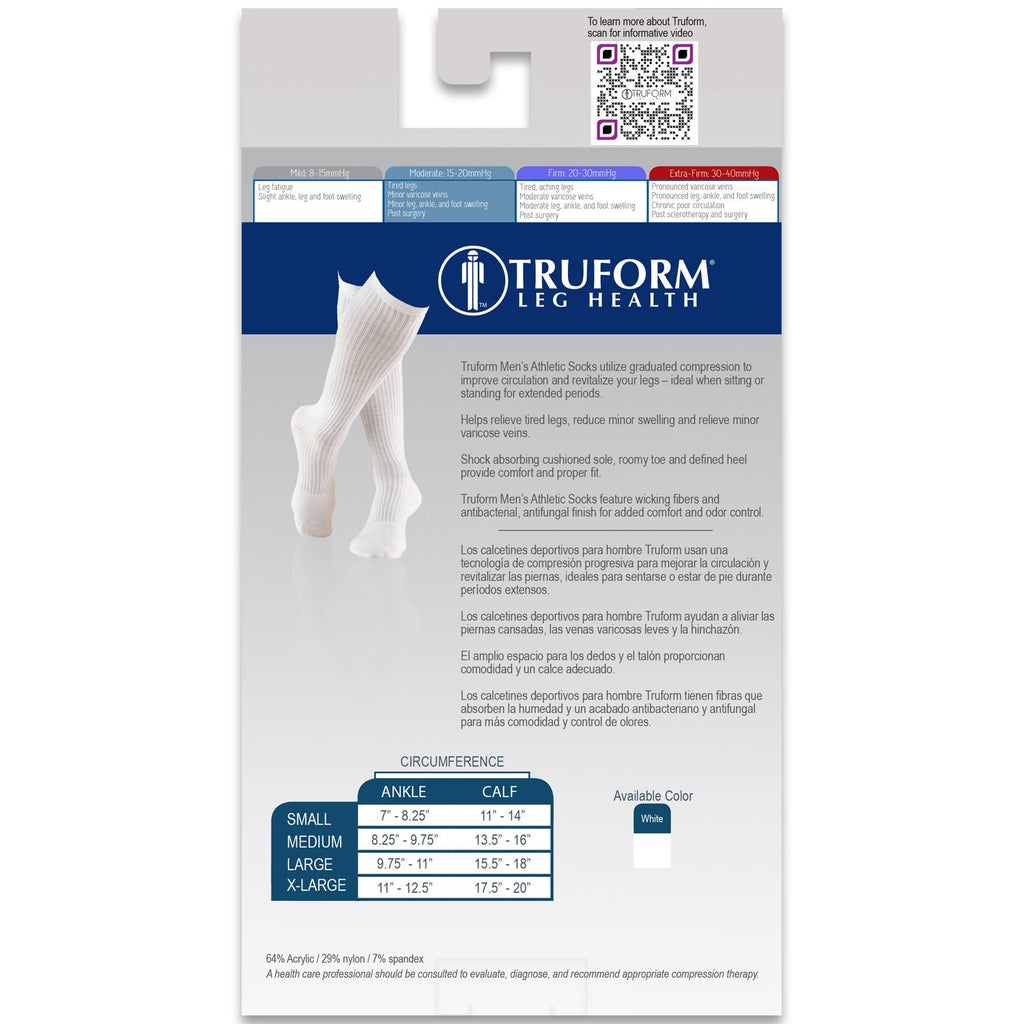 Truform 15-20 Mens Athletic Crew Sock, XL, White (Pack of 2)
