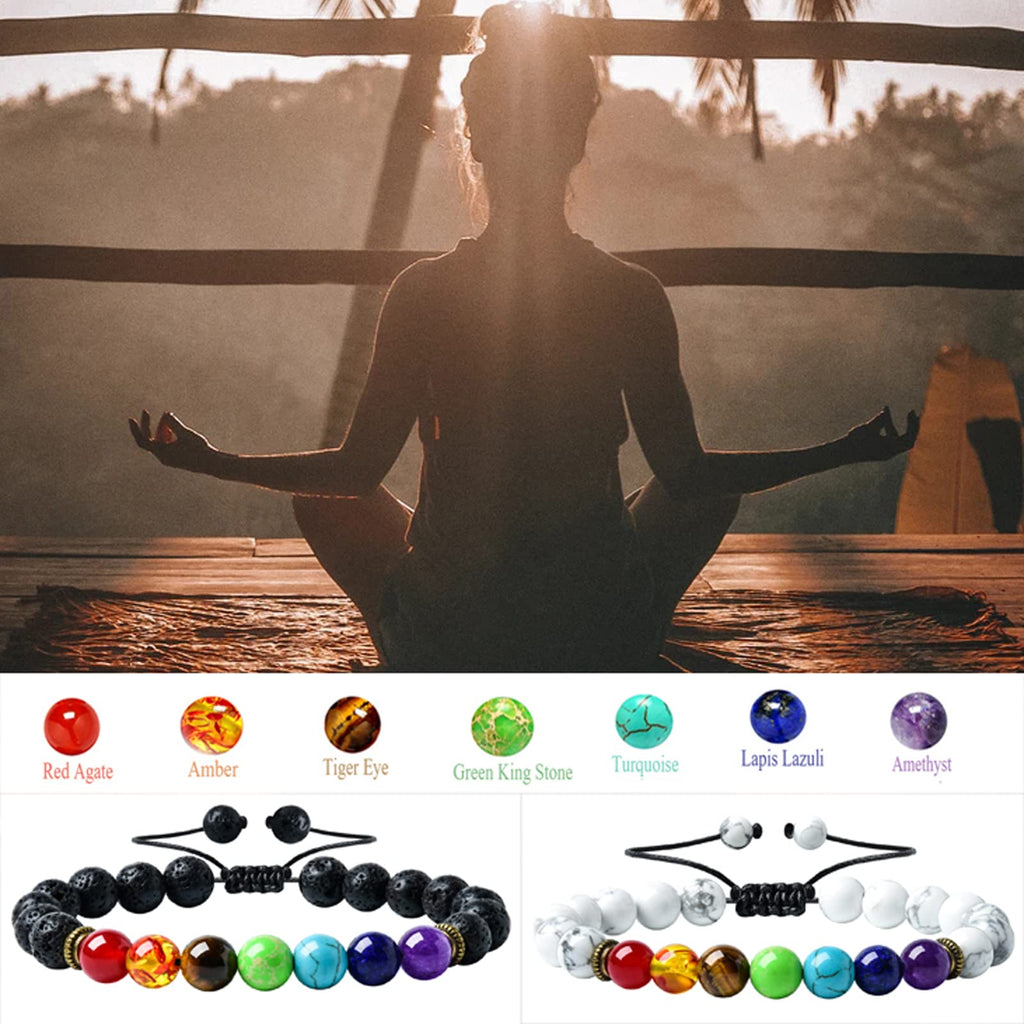 HEDQFM 2 PCS Chakra Bracelets Lava Rock Stone Aromatherapy Essential Oil Diffuser Bracelet Adjustable Woven Bracelet and Elastic