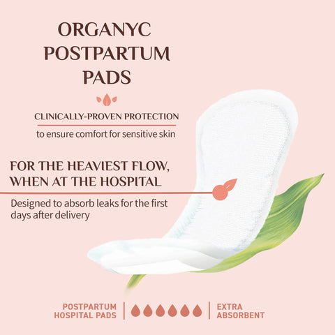 Organyc Hospital Postpartum Pads, 100% Certified Organic Cotton Pads for Women, Large Pads for First Days After Delivery, 12 Cou