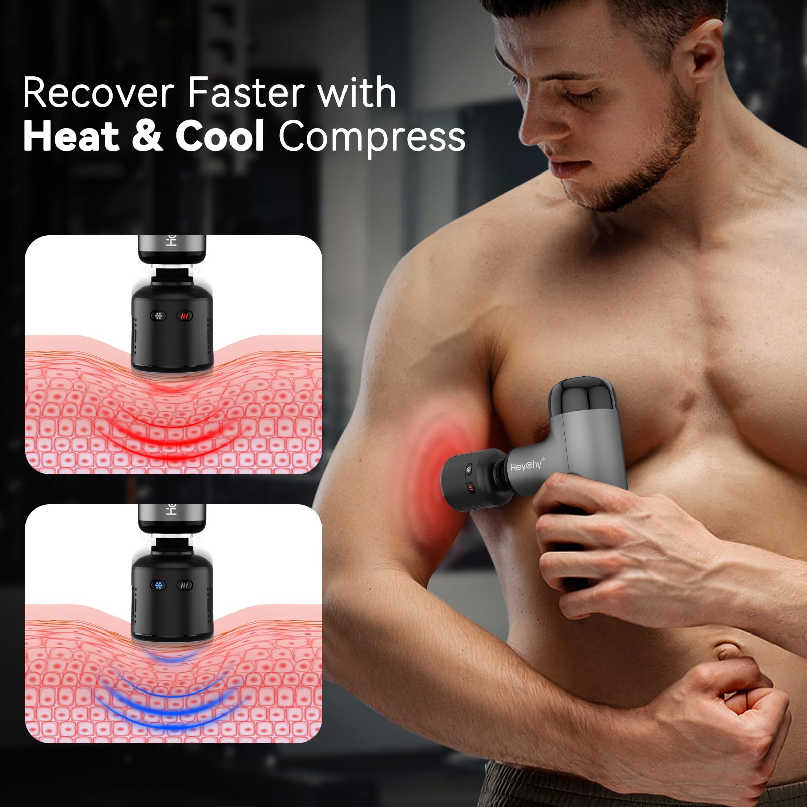 HEYCHY Mini Massage Gun with Heat and Cold, Deep Tissue Massage Gun, Portable Percussion Muscle Massager with 4 Massage Heads fo