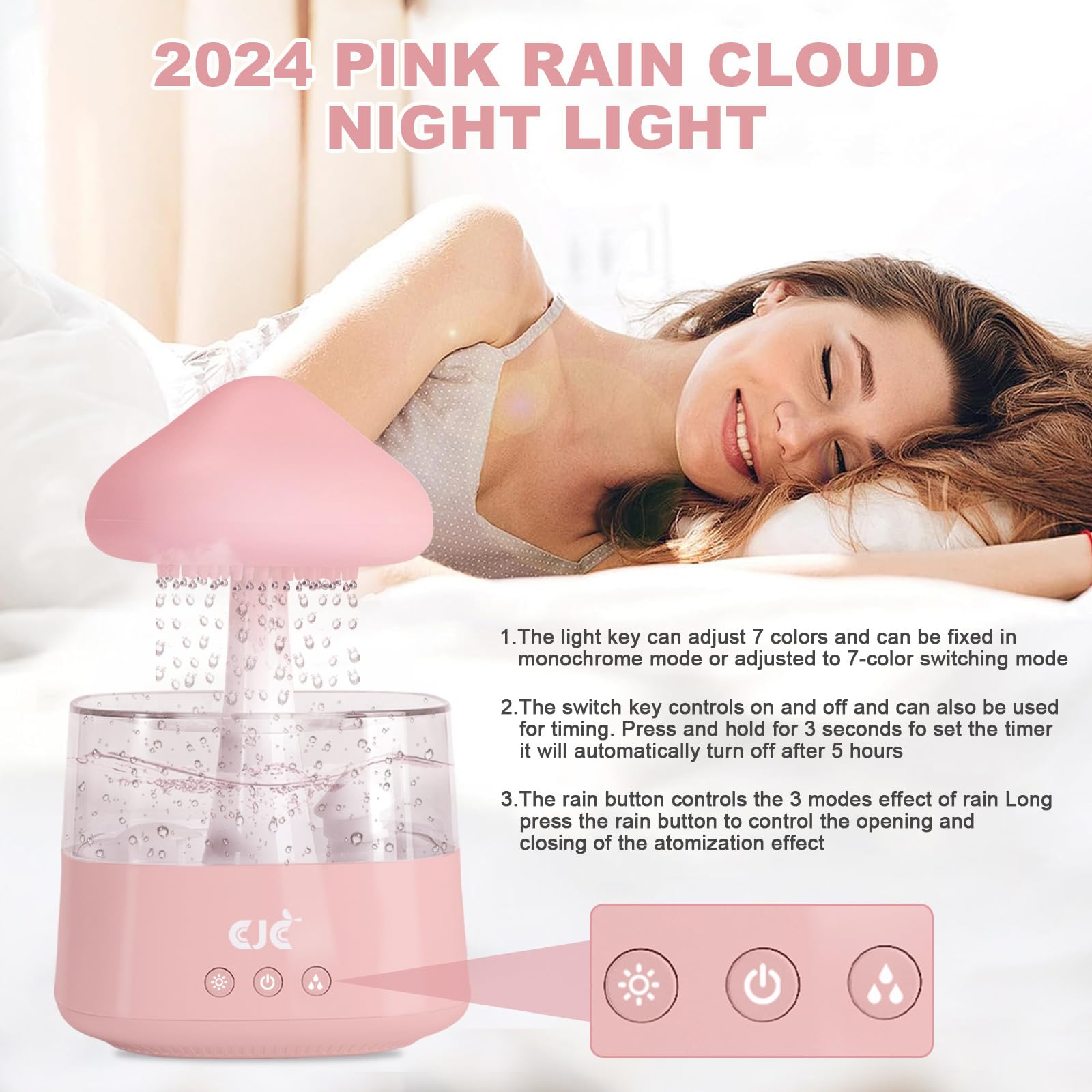 Cloud Rain White Noise Humidifier, Rain Water Drip Diffuser Humidifiers Waterfall Lamp Mushroom Air Humidifier Aromatherapy Esse