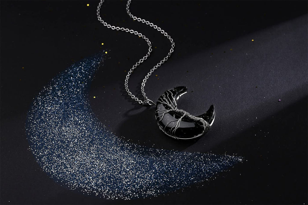 MAIBAOTA Black Obsidian Necklace Healing Crystal Stones Tree Life Wire Wrapped Crescent Moon Phase Pendant Necklace Mothers Day