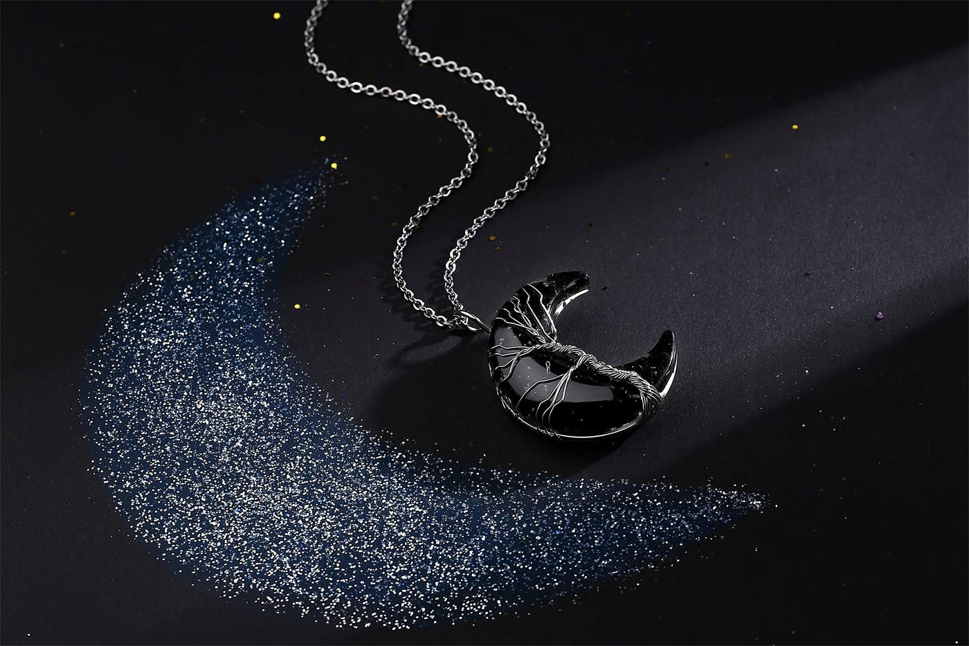 MAIBAOTA Black Obsidian Necklace Healing Crystal Stones Tree Life Wire Wrapped Crescent Moon Phase Pendant Necklace Mothers Day