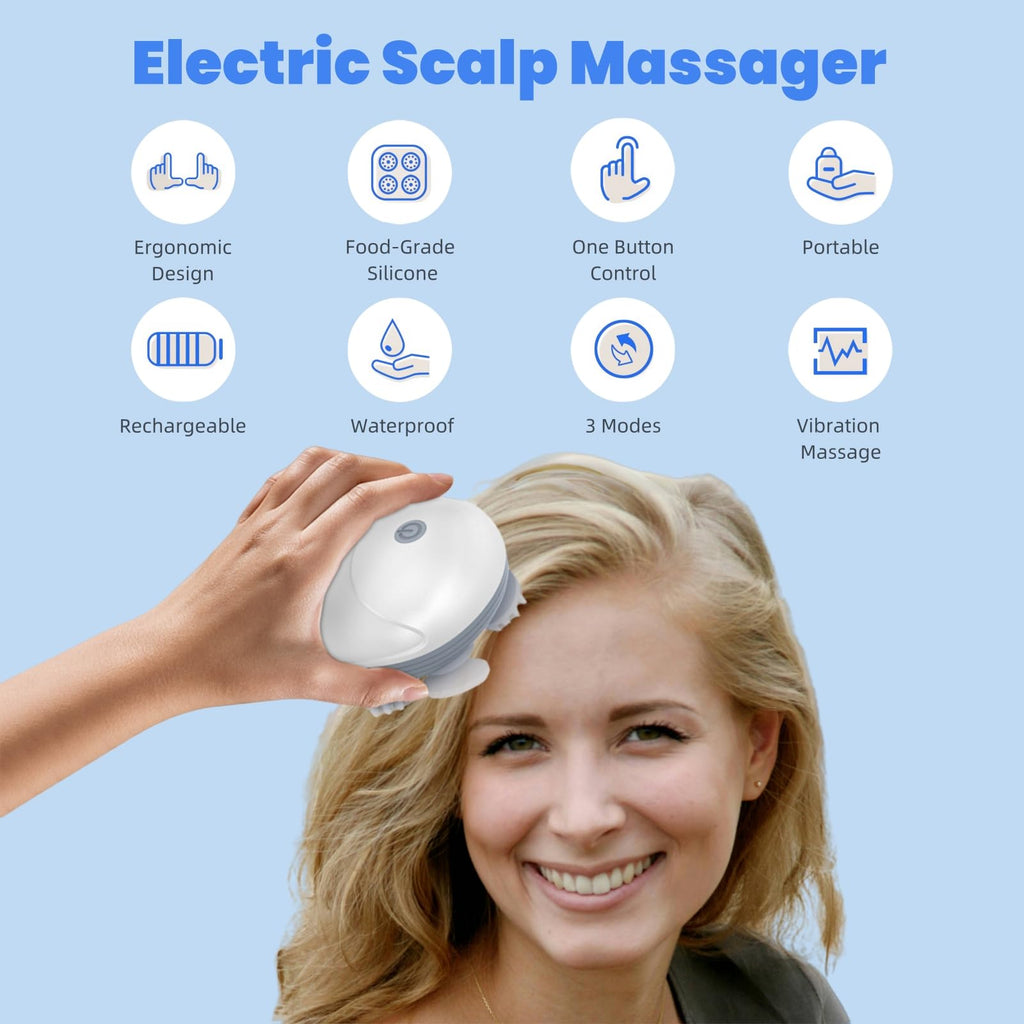 LeCoirrax Upgraded Electric Scalp Massager for Men Women, Handheld Cat Dog Pet Head Massager with 4 Massage Heads, 3 Speeds, Wat