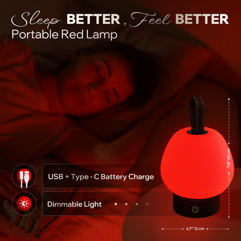 Red Light Therapy Sleep Lamp - 660nm Glow for Better Sleep | Cordless, Dimmable Night Light with Timer | Rechargeable, Portable