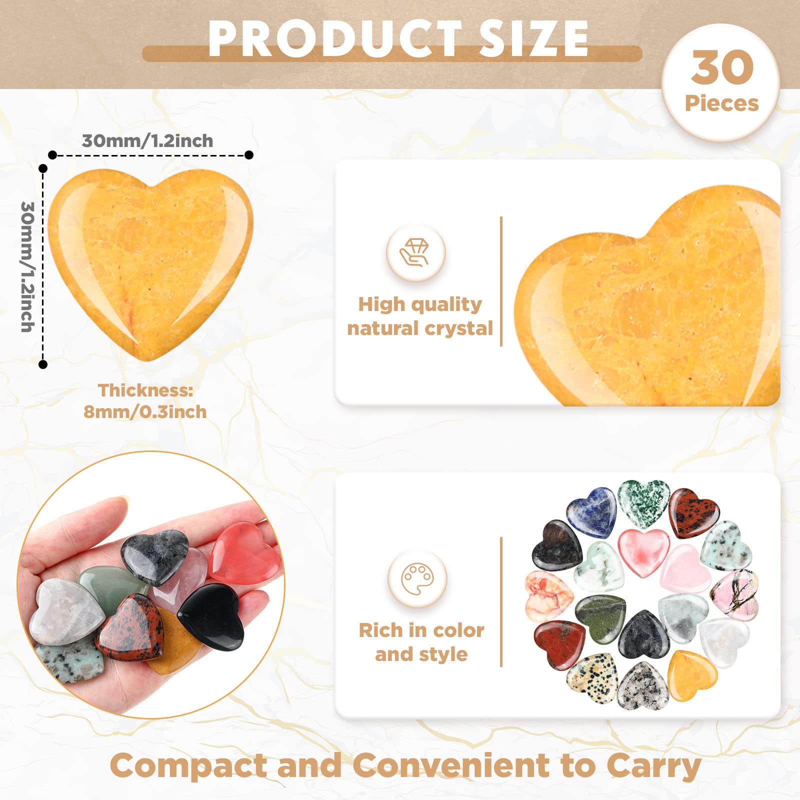 Nuenen 30 Pcs Heart Shape Crystals Bulk 1.2 Inch Gemstone Heart Stones Worry Stone Rocks Quartz Love Pocket Palm Bulk for Valent