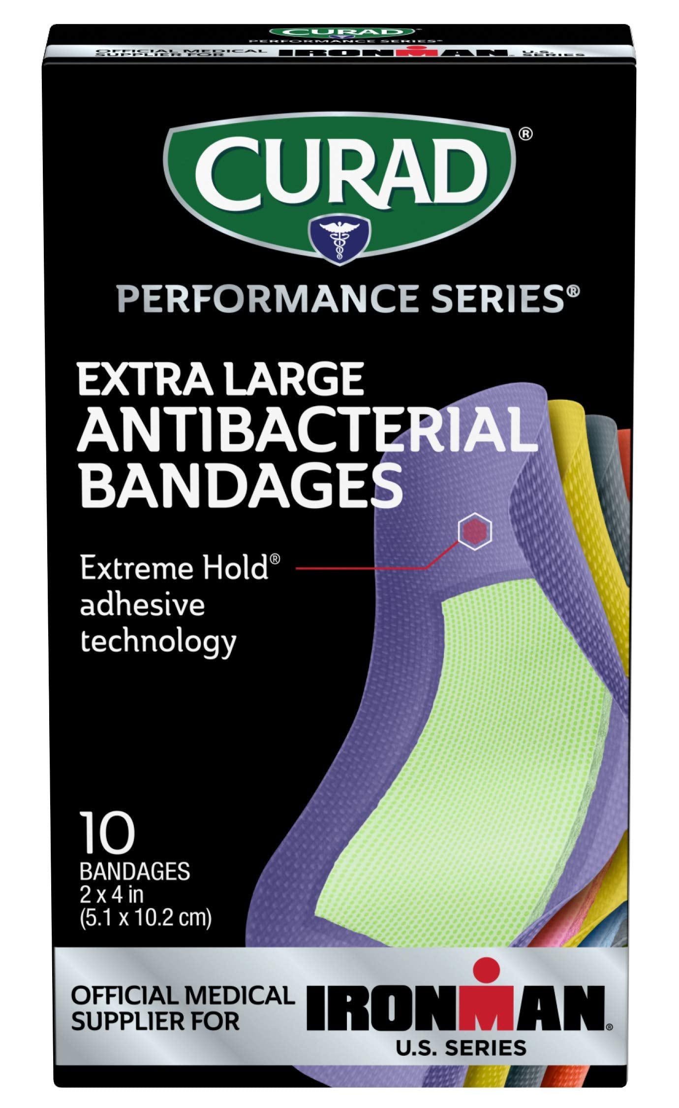 CURAD Performance Series IRONMAN Antibacterial Bandages, Extreme Hold Adhesive Technology, Extra Large Flexible Fabric Bandages