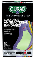 CURAD Performance Series IRONMAN Antibacterial Bandages, Extreme Hold Adhesive Technology, Extra Large Flexible Fabric Bandages