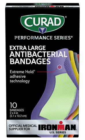 CURAD Performance Series IRONMAN Antibacterial Bandages, Extreme Hold Adhesive Technology, Extra Large Flexible Fabric Bandages 