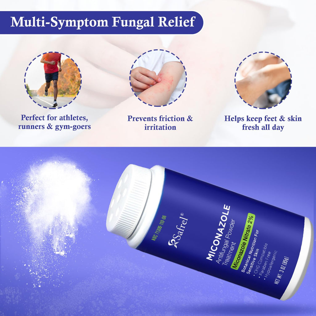 Safrel Antifungal Powder Treatment with 2% Miconazole Nitrate for Common Fungal Infections incuding Athletes Foot, Talc Free, 3