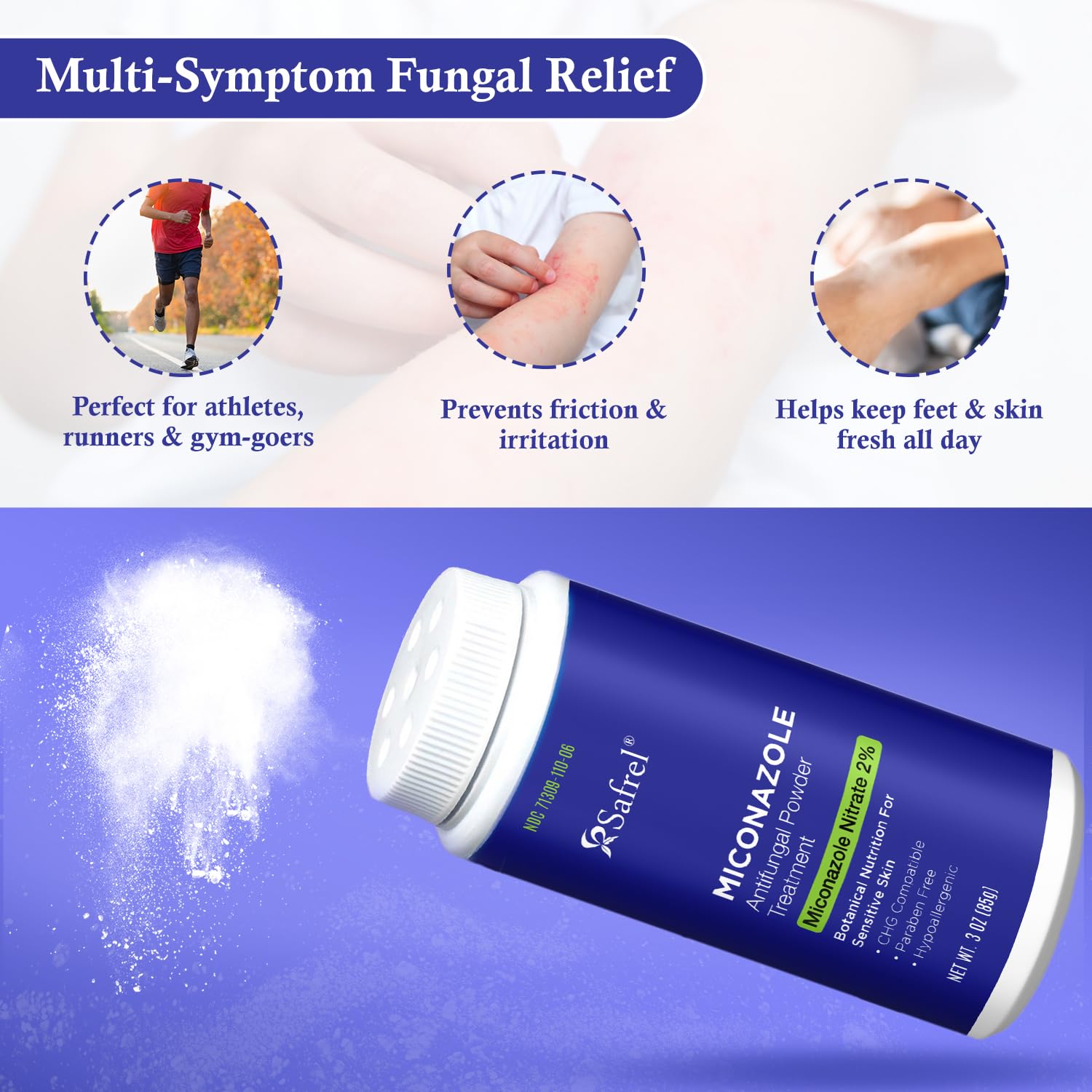 Safrel Antifungal Powder Treatment with 2% Miconazole Nitrate for Common Fungal Infections incuding Athletes Foot, Talc Free, 3