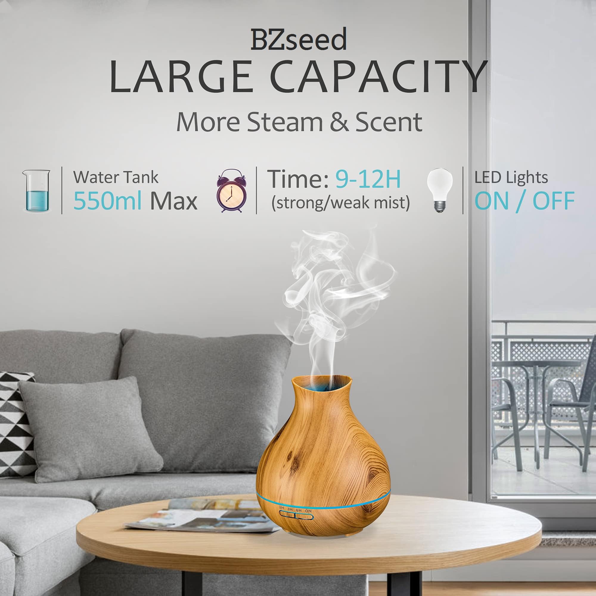BZseed Aromatherapy Essential Oil Diffuser 550ml 12 Hours Wood Grain Aroma Diffuser with Timer Cool Mist Humidifier for Large Ro