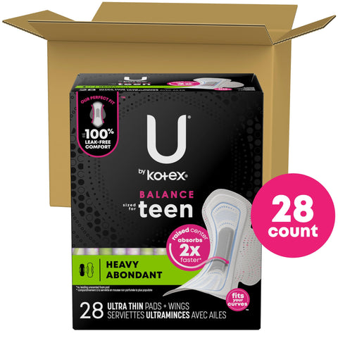U by Kotex Balance Sized for Teens Ultra Thin Pads with Wings, Heavy Absorbency, 28 Count (Packaging May Vary)