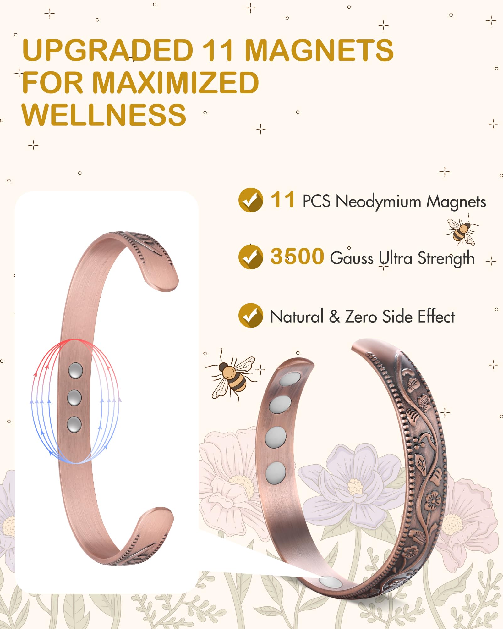 Feraco Magentic Copper Bracelet for Women,Vintage Flower Copper Cuff Bracelet,99.99% Pure Copper with Magnets,Adjustable Magneti