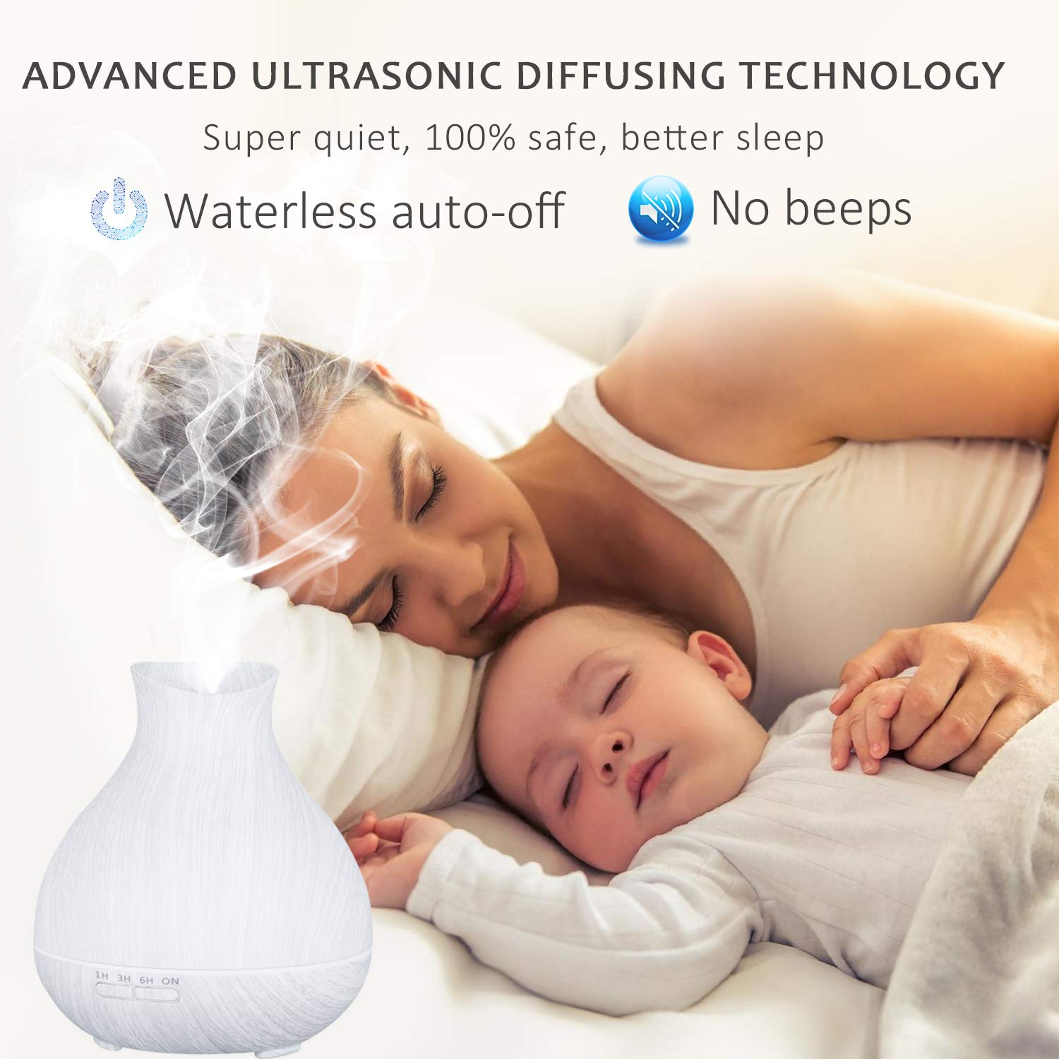 BZseed Aromatherapy Essential Oil Diffuser 550ml 12 Hours White Wood Grain Aroma Diffuser with Timer for Large Room, Home, Baby