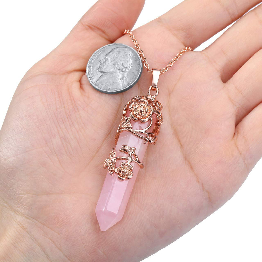 PESOENTH Rose Quartz Crystal Healing Pendant Necklace for Women, Vintage Rose Gold Flower Wrapped Pink Hexagonal Gemstone Healin