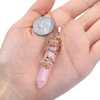 PESOENTH Rose Quartz Crystal Healing Pendant Necklace for Women, Vintage Rose Gold Flower Wrapped Pink Hexagonal Gemstone Healin