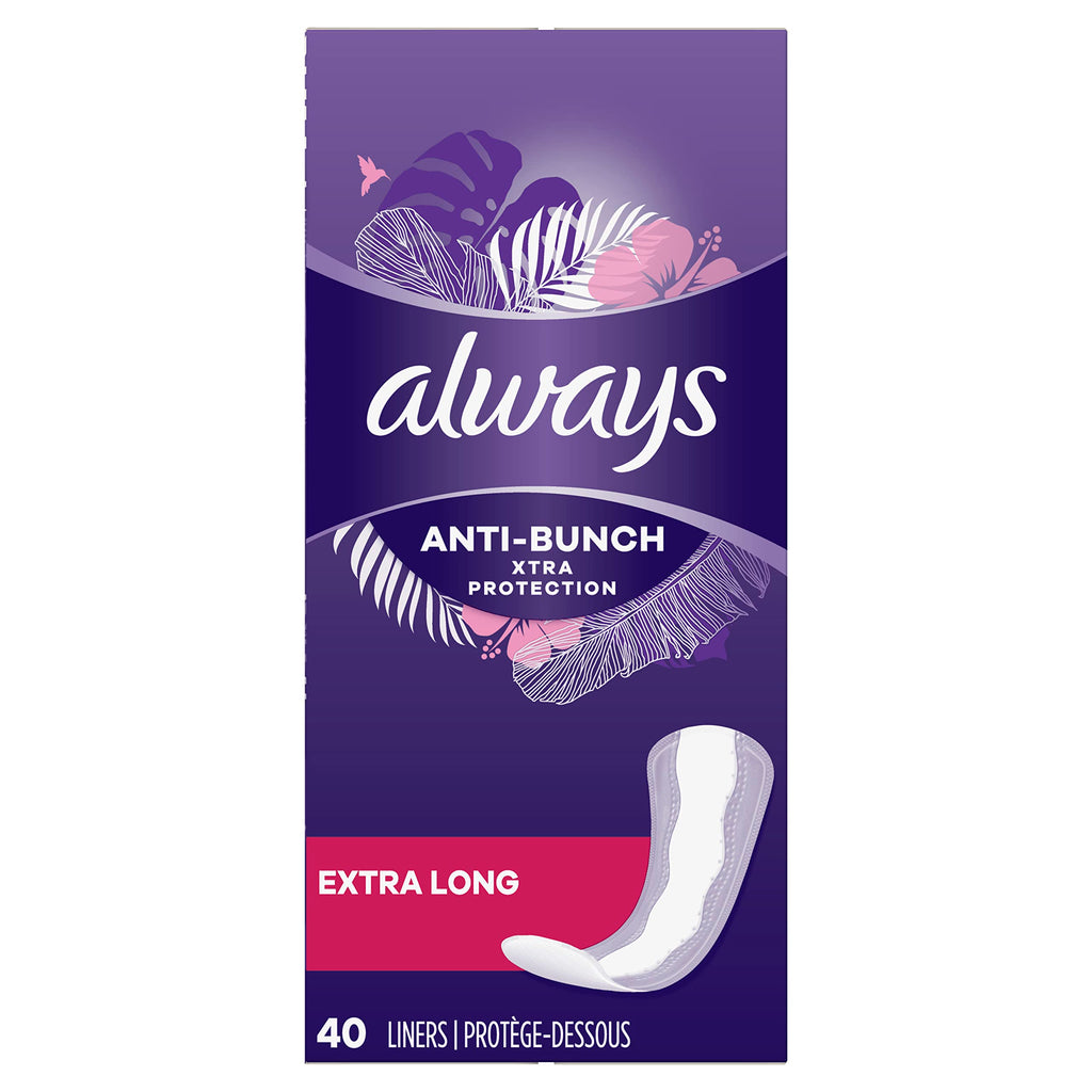 Always Anti-Bunch Xtra Protection Daily Liners Extra Long Unscented, Anti Bunch Helps You Feel Comfortable, 40 Count