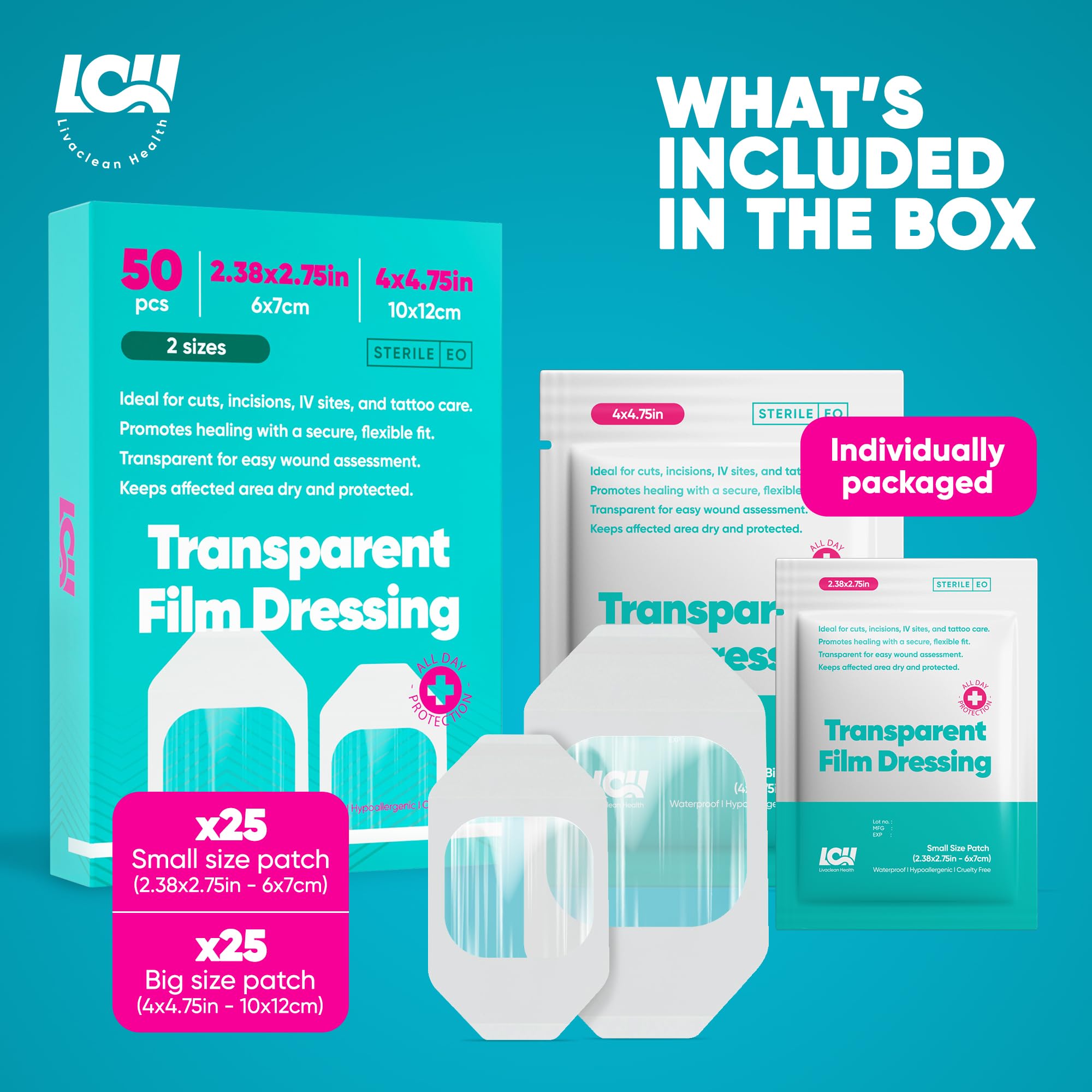 LCH 50 Pack Transparent Film Dressing Waterproof, 2 Sizes: 2.38 x 2.75 & 4 x 4.75, Waterproof Bandages for Swimming, Second Skin