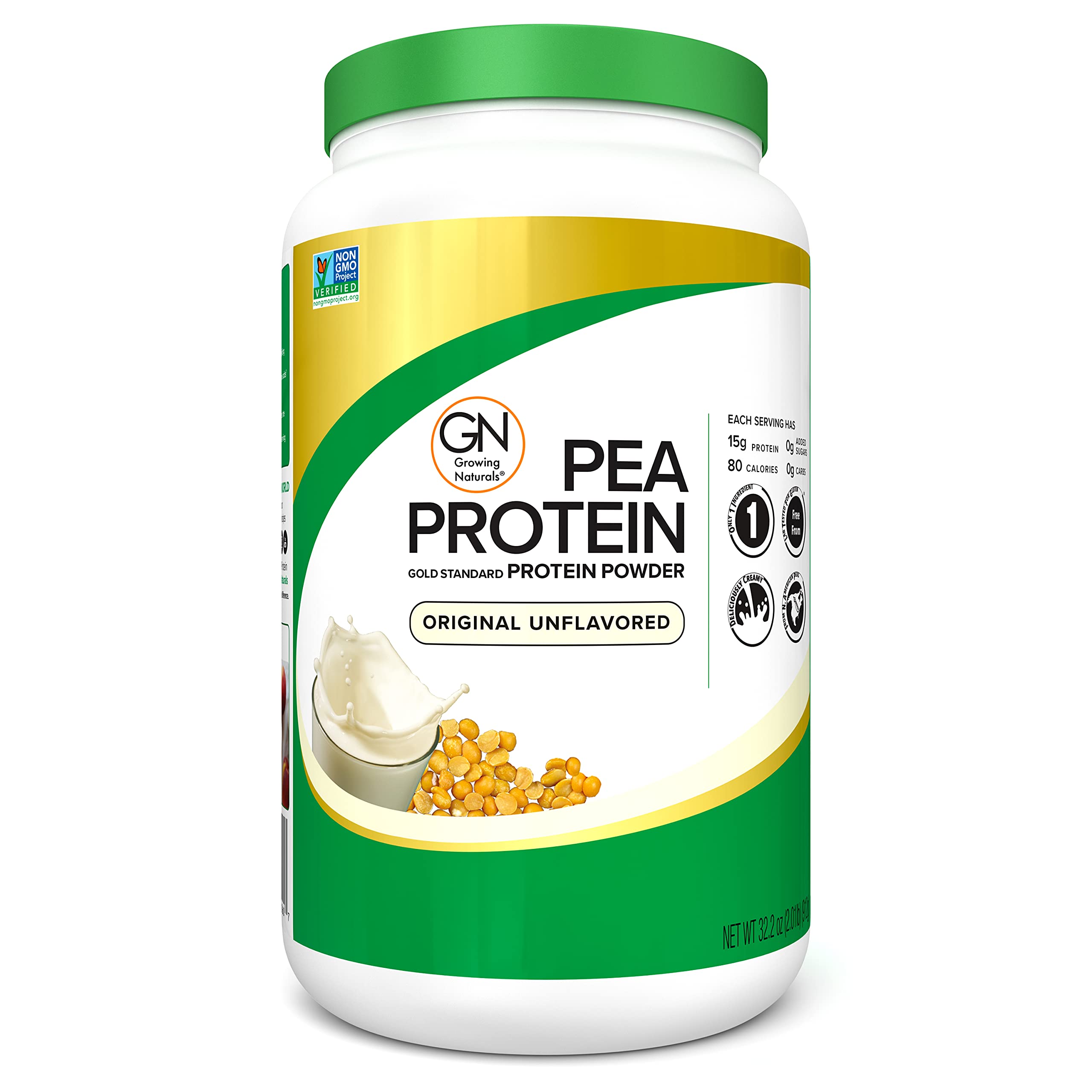 Growing Naturals Raw Pea Protein Powder, Vegan Plant Based Protein, BCAA, Low-Carb, Low-Sugar, Original Unflavored, 2 Pound (Pac