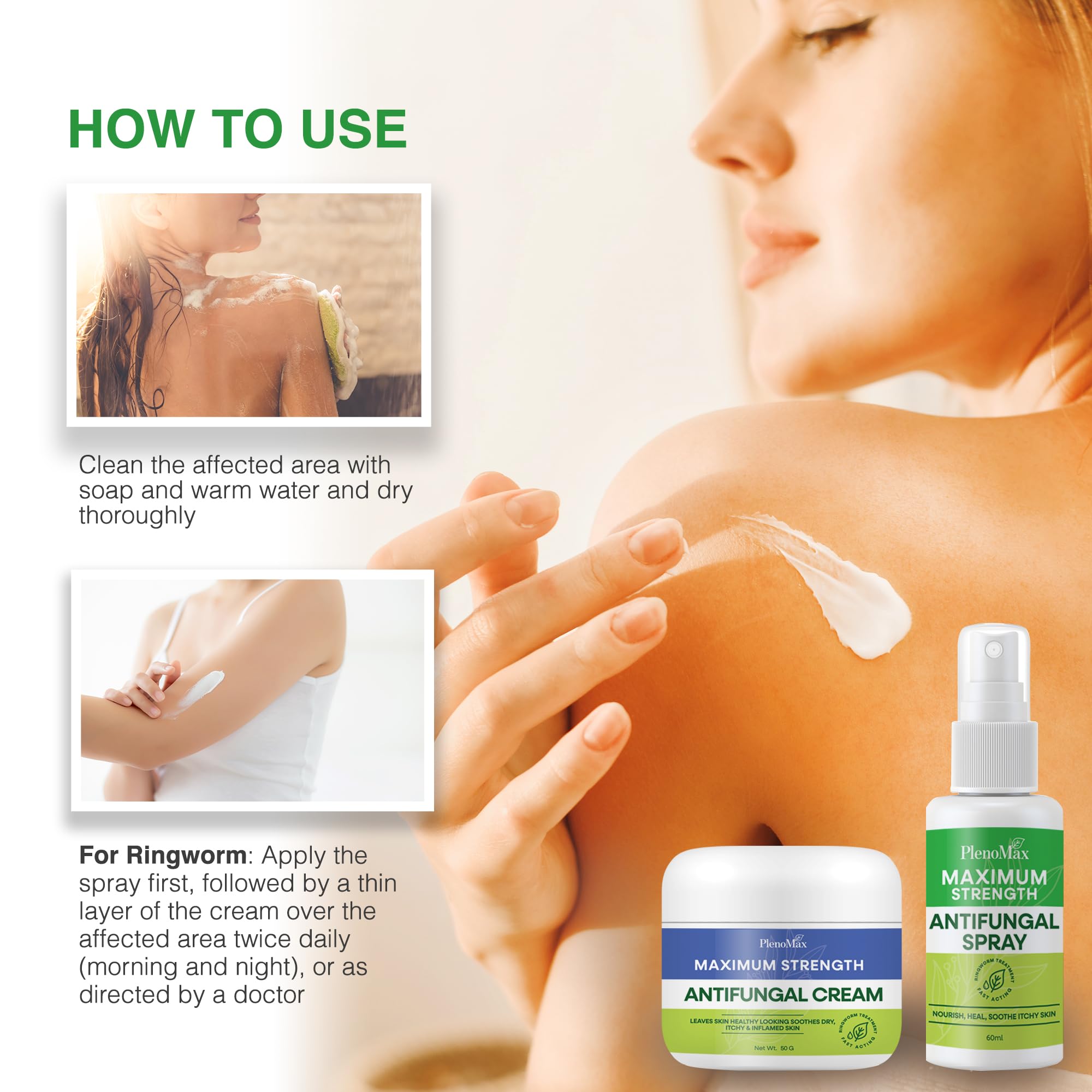 PLENO Ringworm Treatment for Humans: Antifungal Spray for Jock Itch, Eczema, Tinea Versicolor, Athletes Foot - Antifungal Cream