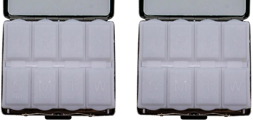 Set of 2 Metal-Plated Weekly (7-Day) Pill Box Case & Portable Medicine Organizer (Antique Brass Victorian)