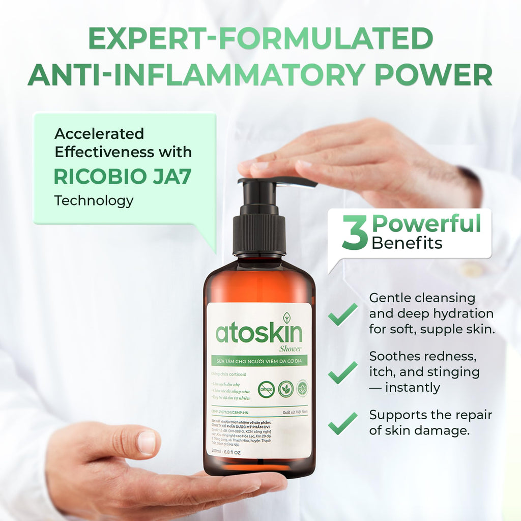 Atoskin Shower & Serum - for Eczema, Psoriasis, Dry, Itchy Skin - with RicoBio JA7 is a Natural Herbal Extract.