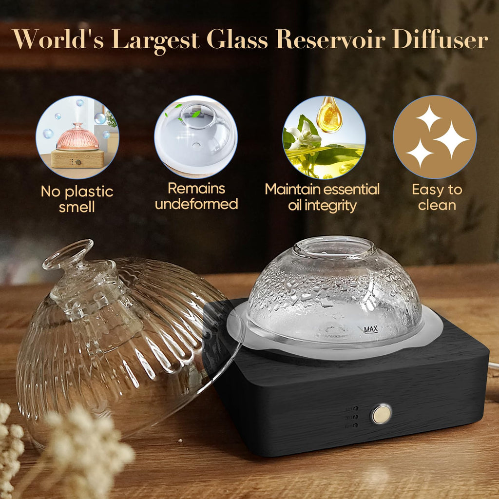 Glass Dome Essential Oil Diffuser with Glass Reservoir & Wood Base-Plastic Free, 200ml Ultrasonic Glass Diffuser for Aromatherap