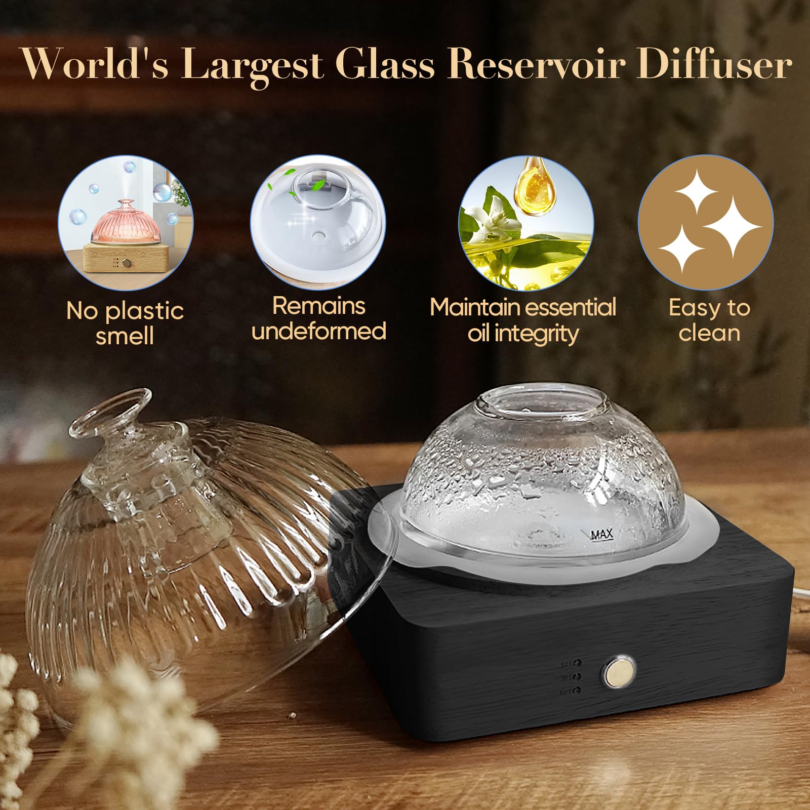 Glass Dome Essential Oil Diffuser with Glass Reservoir & Wood Base-Plastic Free, 200ml Ultrasonic Glass Diffuser for Aromatherap