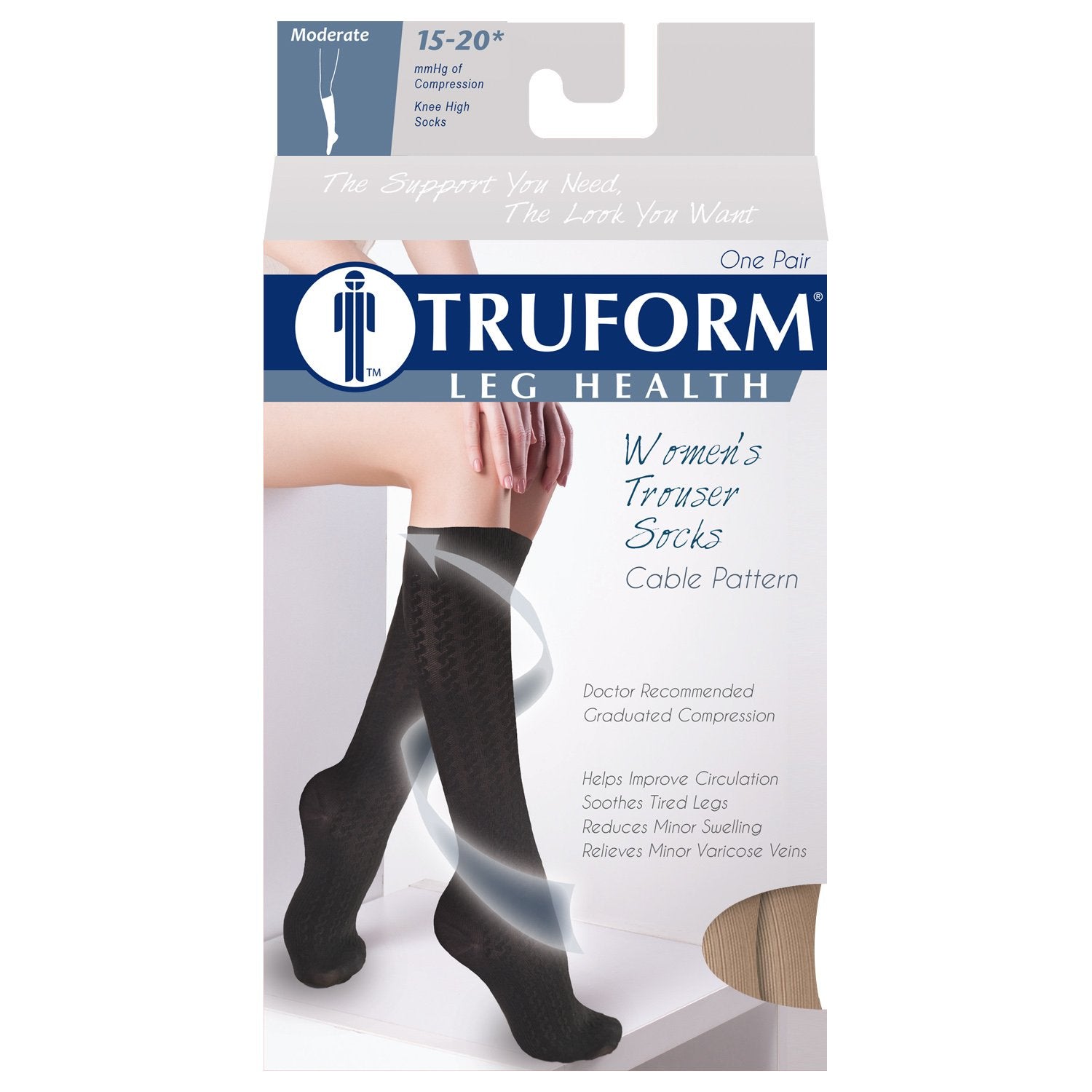 Truform Compression Socks, 15-20 mmHg, Women's Dress Socks, Knee High Over Calf Length, Tan Cable Knit, X-Large