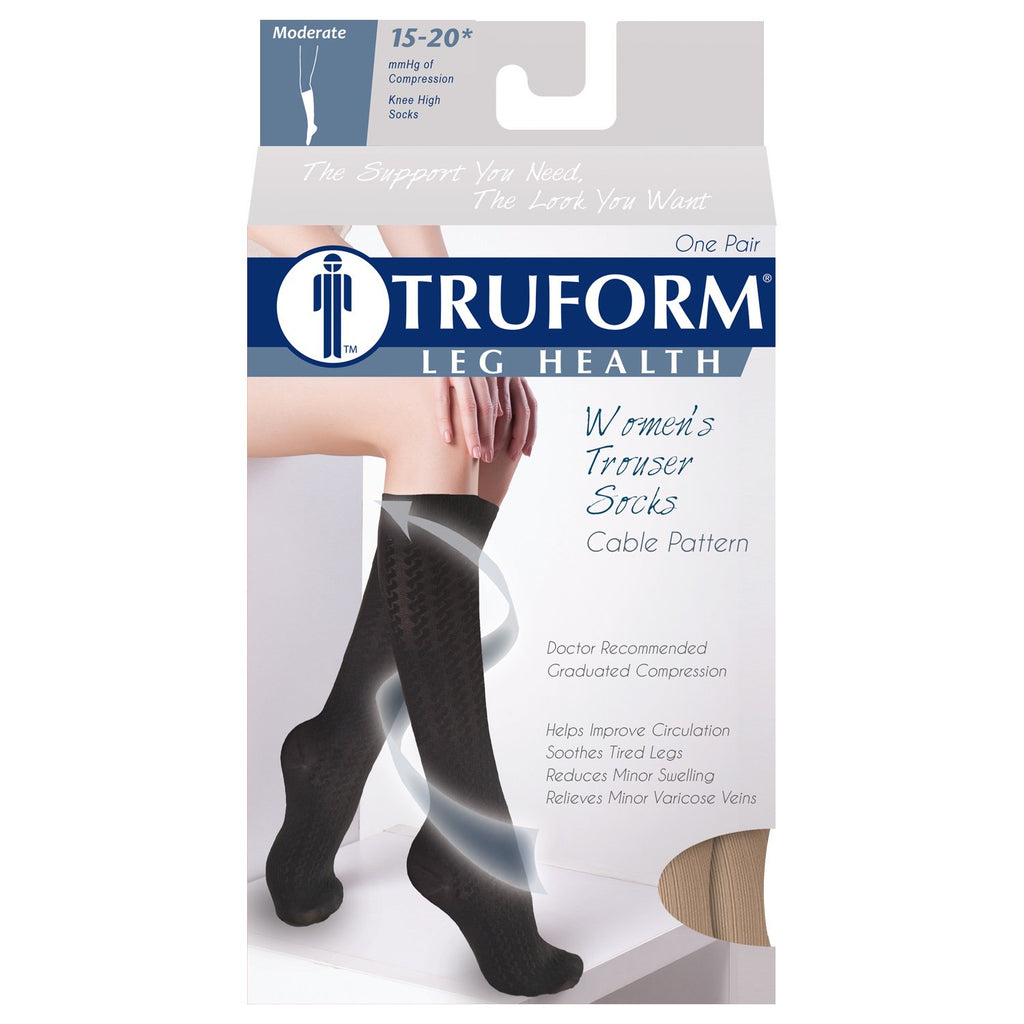 Truform Compression Socks, 15-20 mmHg, Women's Dress Socks, Knee High Over Calf Length, Tan Cable Knit, X-Large