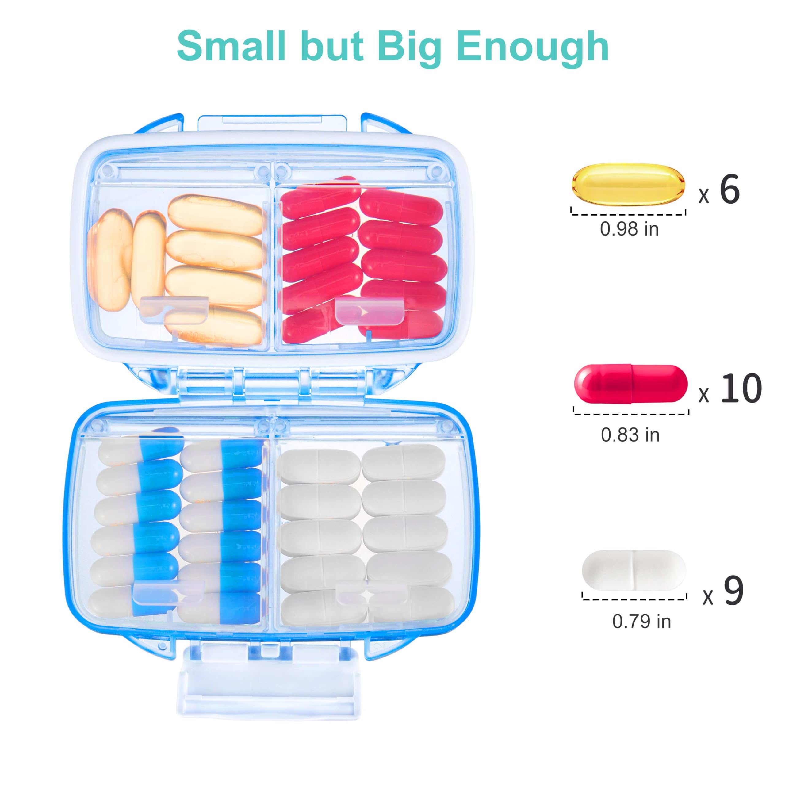 Fullicon Travel Pill Organizer, 4 Compartments Portable Pill Case, Moisture Proof Small Pill Box with Labels, Travel Pill Case w