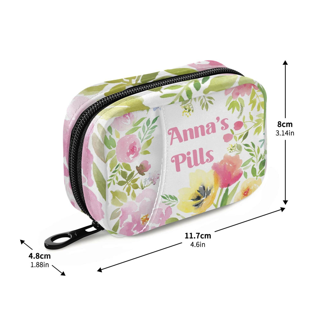 Custom Pill Box 7 Day Pill Case Bag Watercolor Floral Personalized Name Travel Pill Organizer Bag with Zipper Portable Weekly Ca