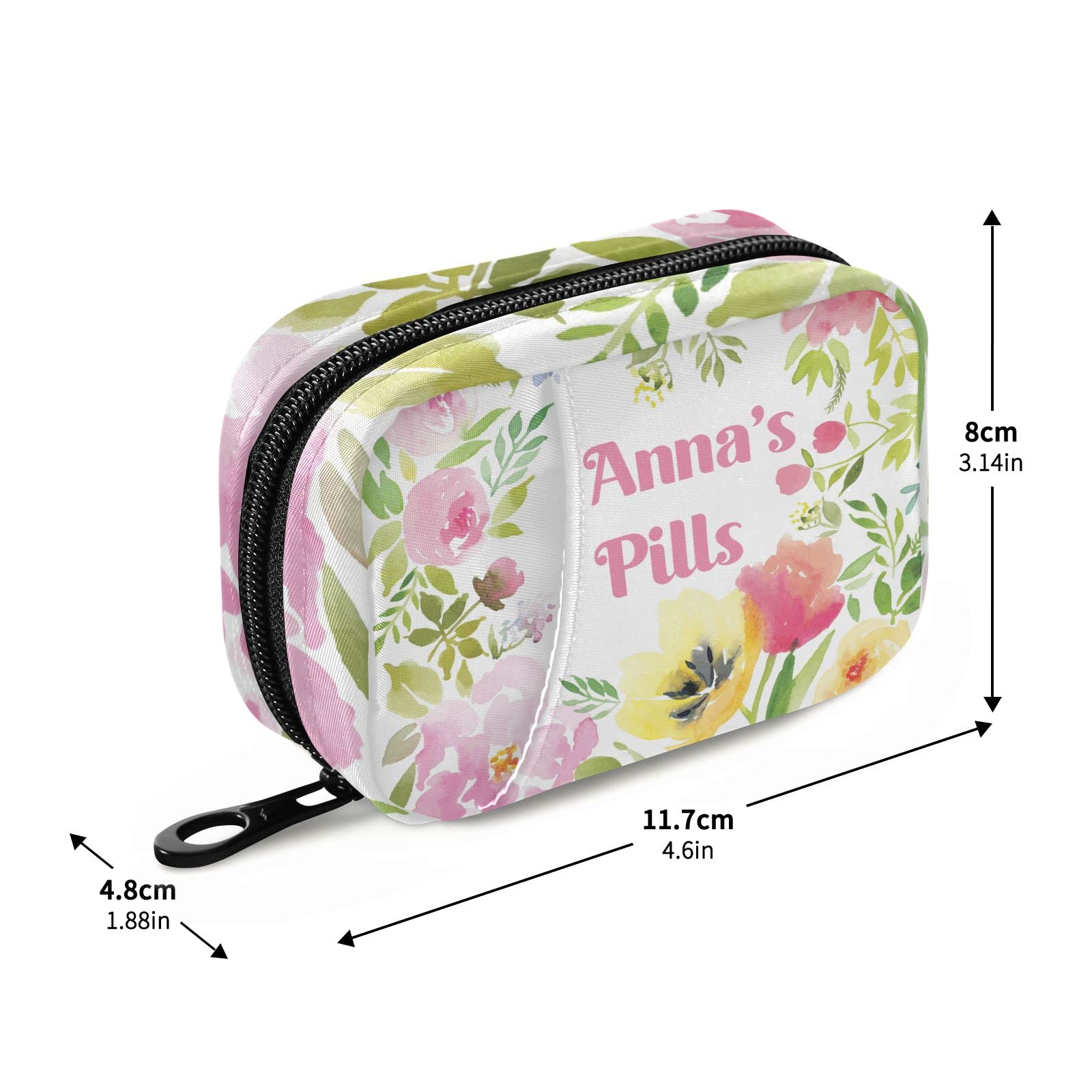 Custom Pill Box 7 Day Pill Case Bag Watercolor Floral Personalized Name Travel Pill Organizer Bag with Zipper Portable Weekly Ca