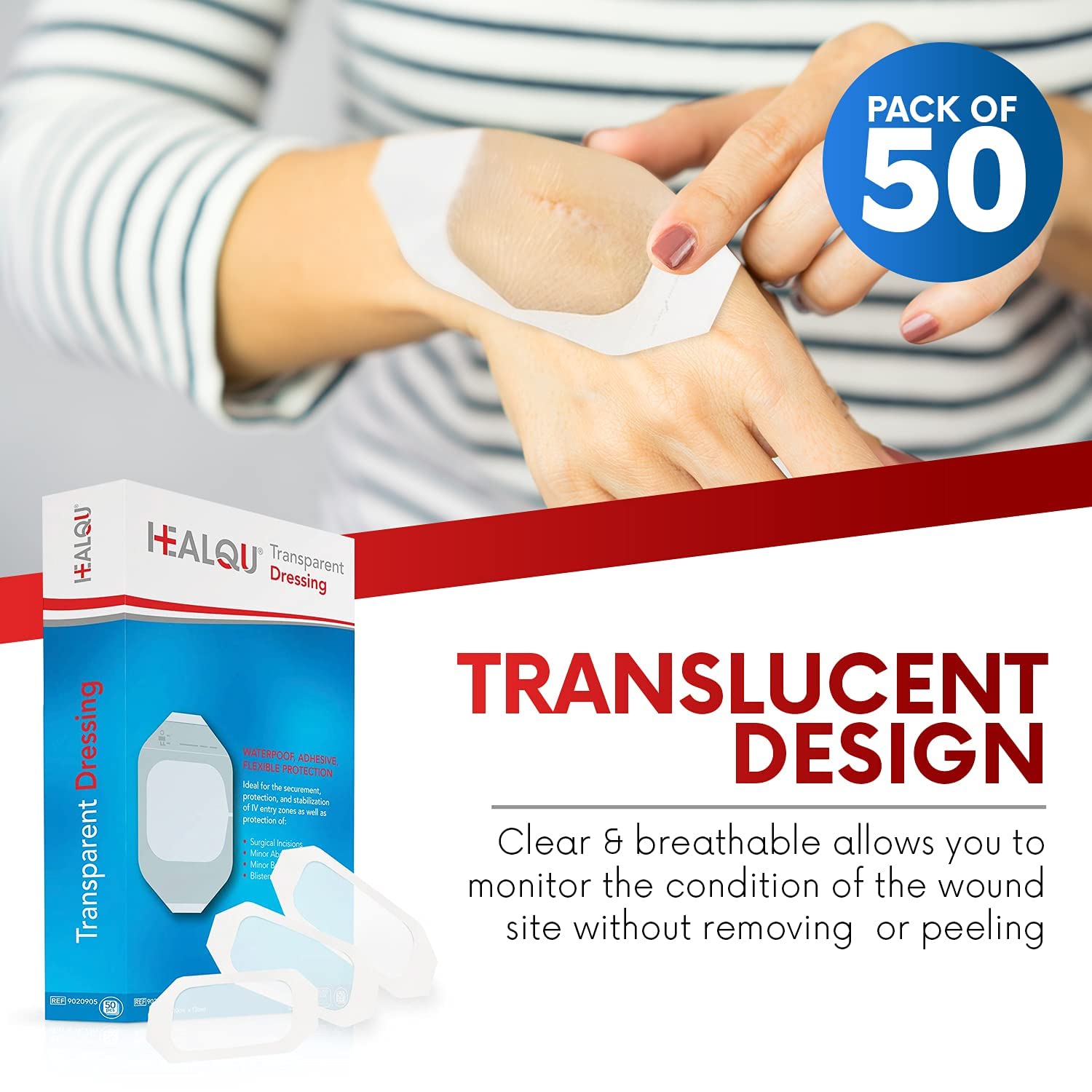 Transparent Film Dressing, 4'' x 4 3/4'' Box of 50 - Waterproof Wound Bandage Adhesive Patches, Post Surgical Shower or IV Shiel
