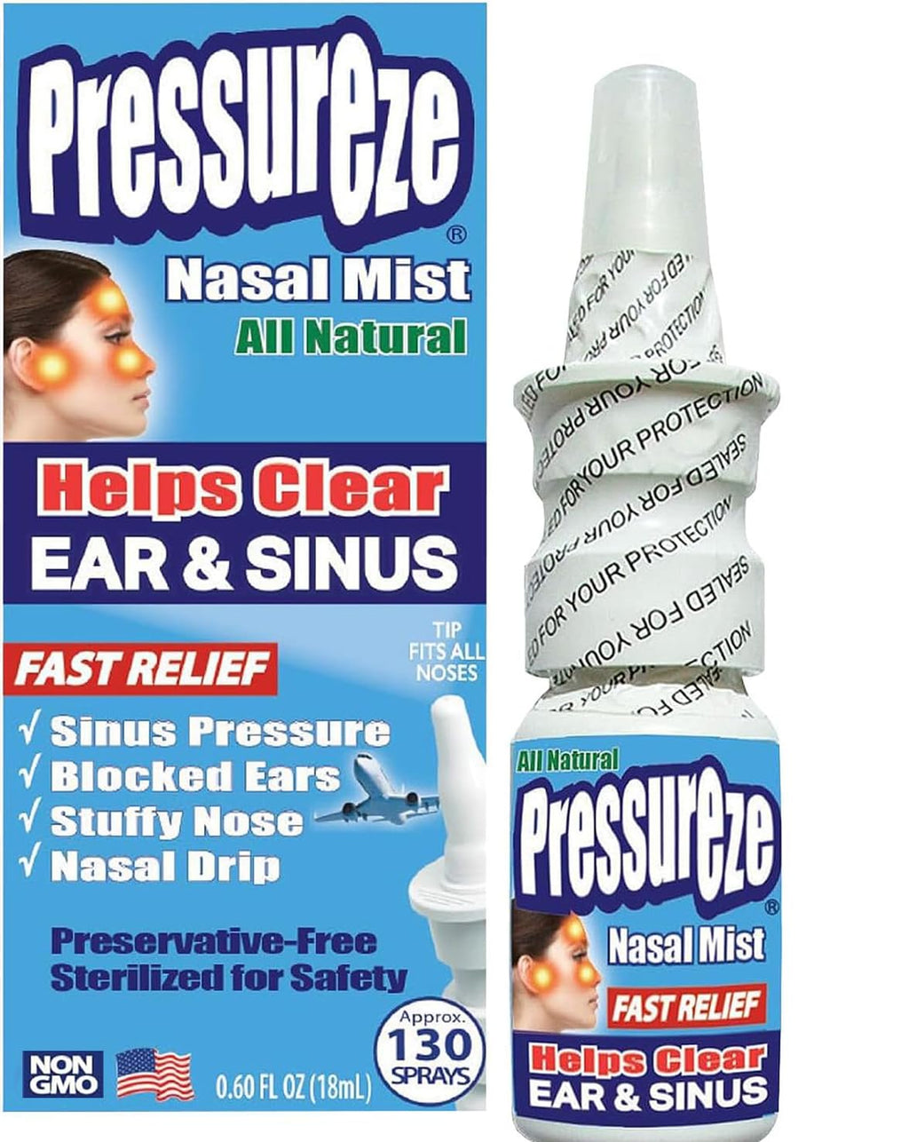 Pressureze Nasal Spray - All Natural Preservative-Free Sterile - Fast Relief Nasal Spray - for Sinus Allergies Congestion Blocke