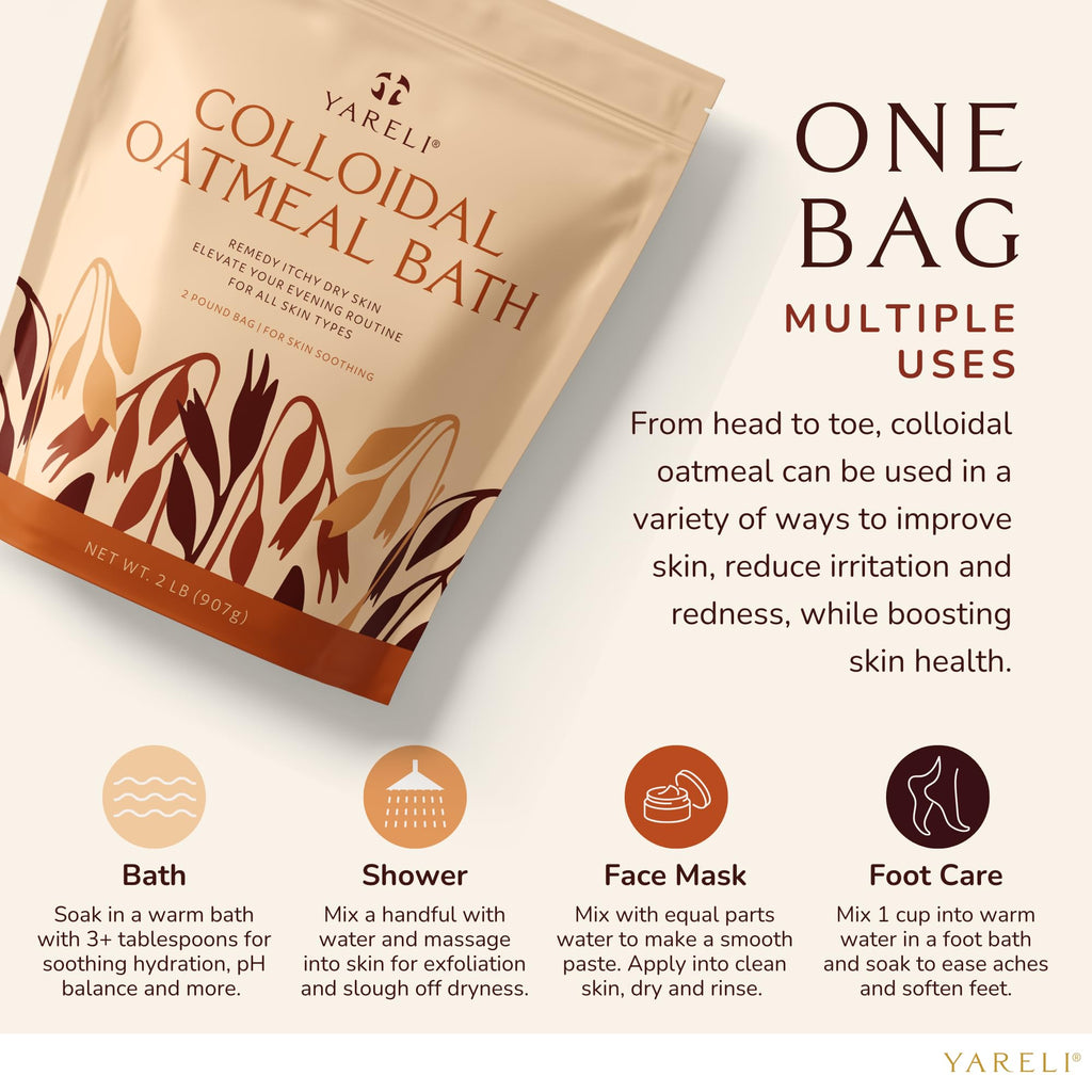 YARELI Colloidal Oatmeal, 2lb (32oz), Bath Powder for Relief of Dry Itchy Skin Due to Eczema and Psoriasis, for Adults, Baby and