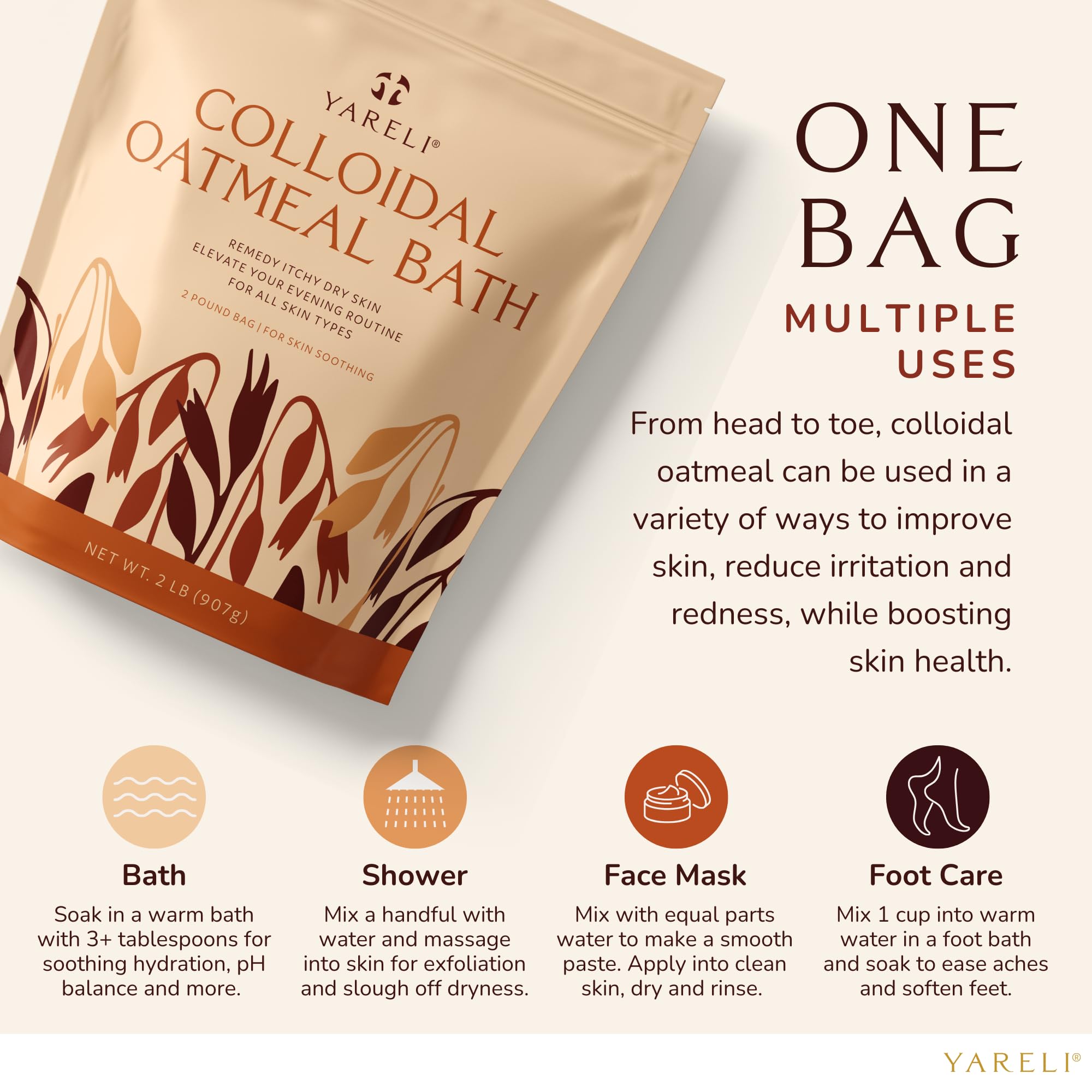 YARELI Colloidal Oatmeal, 2lb (32oz), Bath Powder for Relief of Dry Itchy Skin Due to Eczema and Psoriasis, for Adults, Baby and