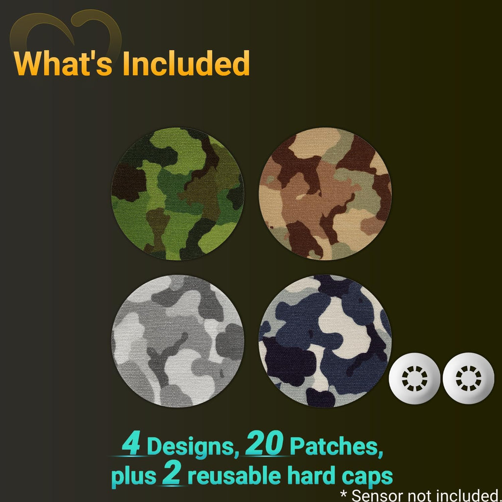 Libre 3 Sensor Covers Waterproof Camo, 20-Pack Amolyfe Adhesive Patch for Freestyle Libre 3 & Plus, Bump-Proof with 2 Hard Caps