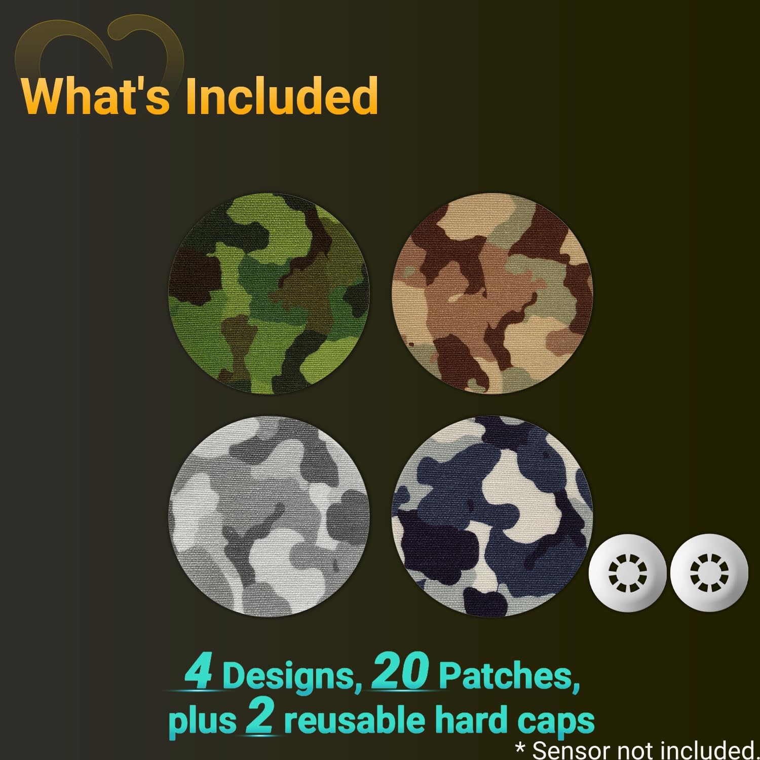 Libre 3 Sensor Covers Waterproof Camo, 20-Pack Amolyfe Adhesive Patch for Freestyle Libre 3 & Plus, Bump-Proof with 2 Hard Caps