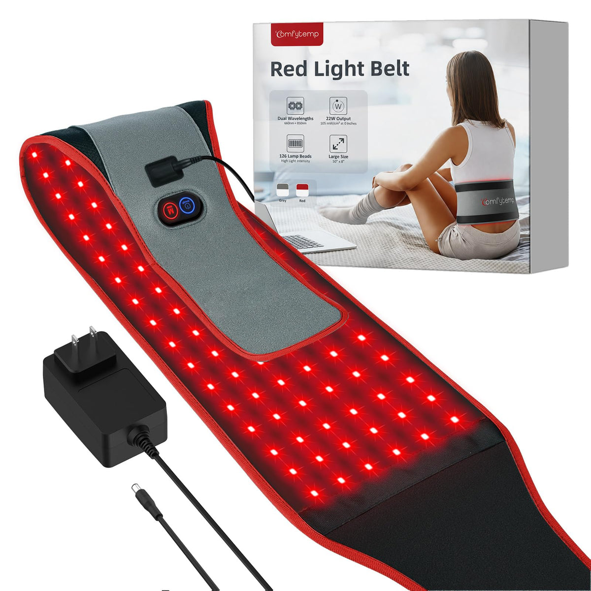 Comfytemp Red Light Belt with 126 LEDs, 660nm & 850nm, 22W(Corded, Red)